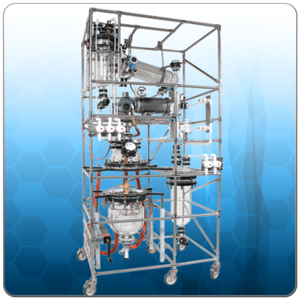 Process Glass Reactor Systems with Lifting and Lowering Vessel and Glass Piping